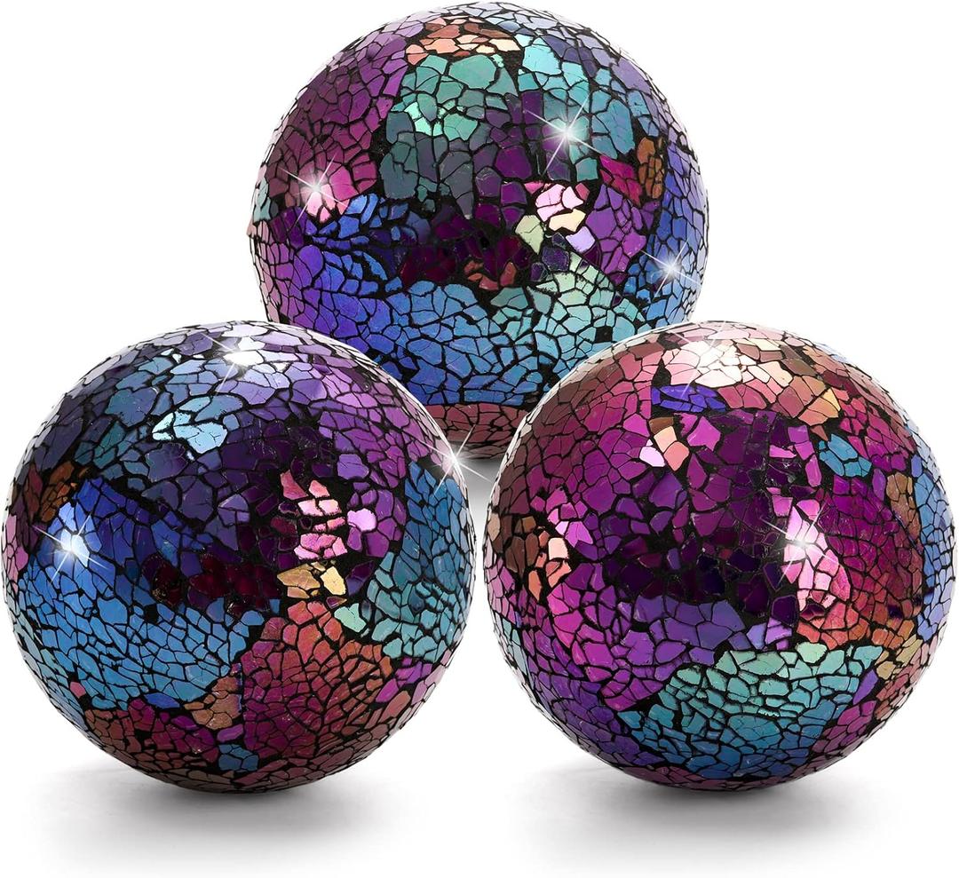 TOPZEA 3 Pack Decorative Glass Balls, 4 Inch Colorful Glass Mosaic Orbs Sphere Bowl Fillers Table Centerpiece Ball for Bowls, Vases, Dining Coffee Table Decor, Rainbow Color
