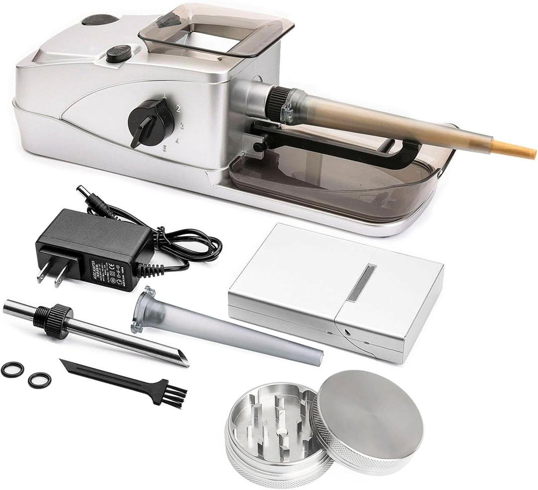 Electric Rolling Machine Set with Manual Herb Grinder and Pre-Roll Holder Case - Grind, Pack King Size Cones