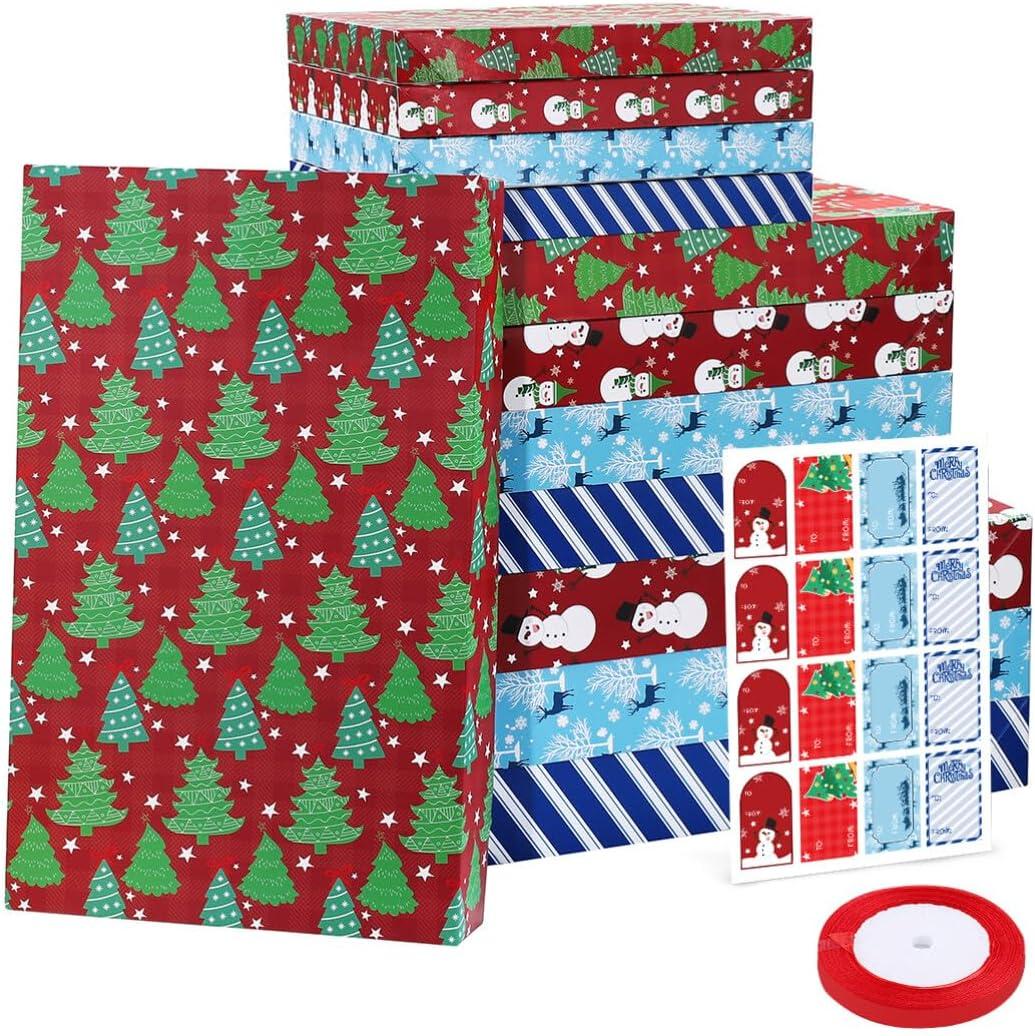 Cabilock 12 Pack Christmas Gift Boxes with Lids, Printed Kraft Paper Boxes for Xmas Festive Wrapping of Shirts Robe Lingerie Scarves Hat Gloves, 4 Designs 3 Size Options