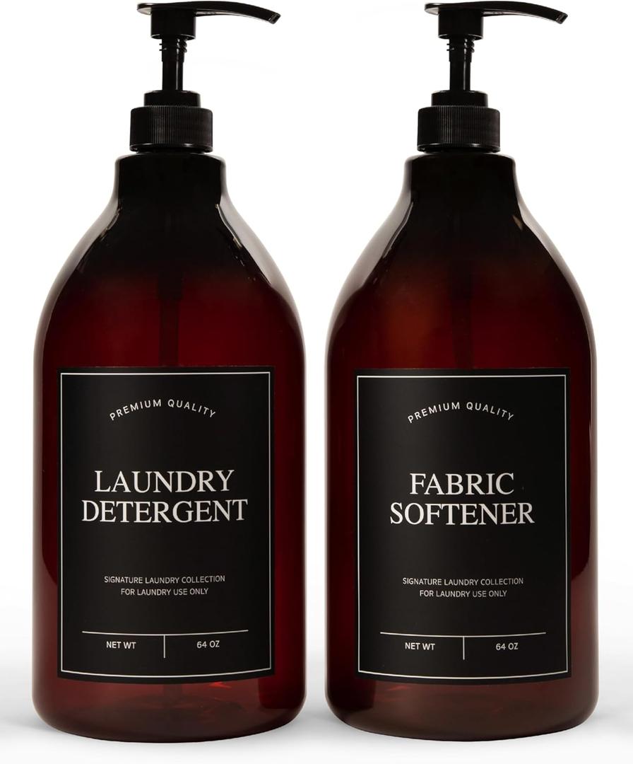Calindiana Modern Farmhouse Liquid Laundry Detergent and Fabric Softener Dispenser for Laundry Room Decor and Organization, PET Plastic Laundry Soap Containers with Water Resistant Labels, Amber 64oz