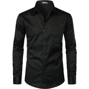 ZEROYAA Men's Urban Stylish Casual Business Slim Fit Long Sleeve Button Up Dress Shirt with Pocket (Black, M)