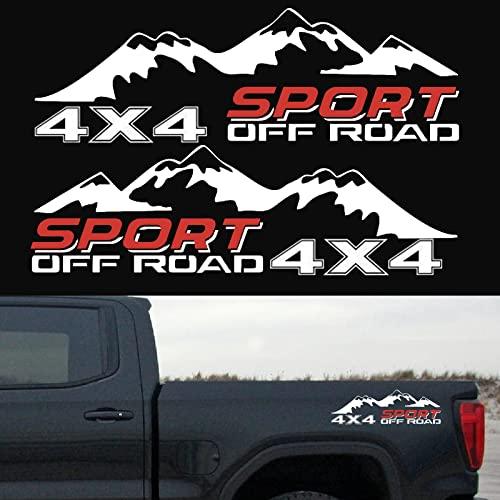 4X4 Off Road Sport with Mountain Pattern Decal Stickers 2Pcs, Fit for All Kinds of Truck Pickup SUV Sedan, with Squeegee 1Pcs, White and Red