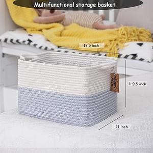 COMFY-HOMI 2PACK Cotton Rope Square Baske with Handles for Shelves|Dog Toy Baske Bin and Storage|Baby Baske for Gift|Shoe Baske for Organizing|13.5" x 11" x 9.5" for Living RoomWhite/Blue