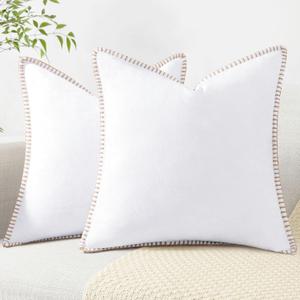 DecorUhome Chenille Soft Throw Pillow Covers 24x24 Set of 2, Farmhouse Velvet Neutral Decorative Euro Pillow Covers with Stitched Edge for Couch Sofa Bed Home Decor, White