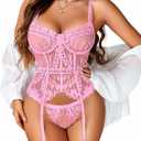 Avidlove Lingerie for Women Lace Corset and Panty Outfits Garter Lingerie Sets (Pink,XL)
