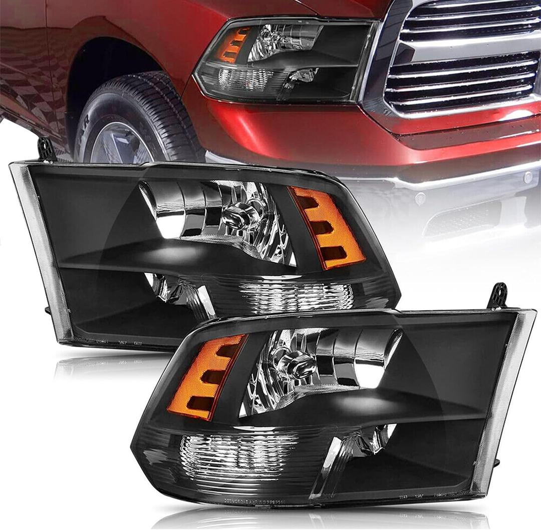 Headlight Assembly Compatible with 2009 2010 2011 2012 2013 2014 2015 2016 2017 2018 Ram 1500,2019 Ram 1500 Classic,2010-2018 Ram 2500 3500 Headlights Headlamp Black Housing Driver and Passenge