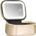 Mini Makeup Bag with Led Mirror, Small Travel Make up Bag 3 Light Modes Adjustable Brightness, for Women Organizer Cosmetic Bag, Portable Travel Train Toiletry Bag, for Pool Parties Work Touch-Ups (Gold)