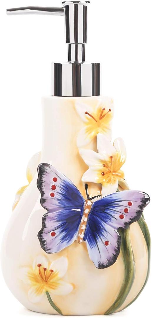 Ceramic Soap Dispenser, 3D Hand-Painted Butterfly and Lilies Flower Lotion Dispenser, Bathroom Accessories