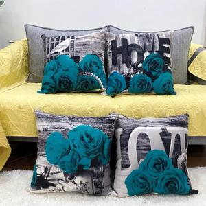 Teal Throw Pillow Covers 18x18 Set of 4 Farmhouse Grey Turquoise Pillow Cover for Couch Bed Outdoor Patio Furniture, Linen Cotton Rose Flower Decorative Cushion Case Sofa Living Room Home Decorations (18" x 18" (Pack of 4), Teal Rose)