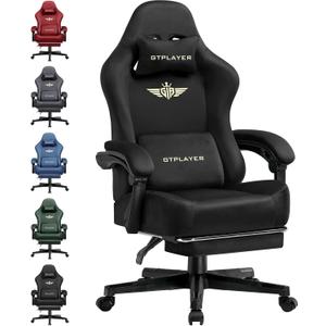 GTPLAYER Gaming Chair Fabric with Pocket Spring Cushion, High Back Ergonomic Computer Chair with Footrest for Adults Lumbar Support Swivel Game Chair for Office Gaming 350LBS, Black