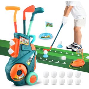 Toddler Golf Set with Putting Mat, Upgraded Kids Golf Cart with Shoulder Strap, Toddler Glove, Plastic Clubs, 10 Balls, Indoor Outdoor Sports Toys Birthday Gift for Boys Girls Aged 3 4 5+ Years Old