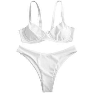 ZAFUL Women's Ribbed Underwire Bikini Set High Cut Colorblock V Notch Swimwear Printed High Leg Swimsuit S White