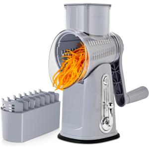SUSTEAS Rotary Cheese Grater with Handle - Vegetable Shredder with 5 Well-designed Blades & Strong Suction Base,Round Mandoline Slicer & Food Chopper for Kitchen,with Blade Storage Box(Gray)