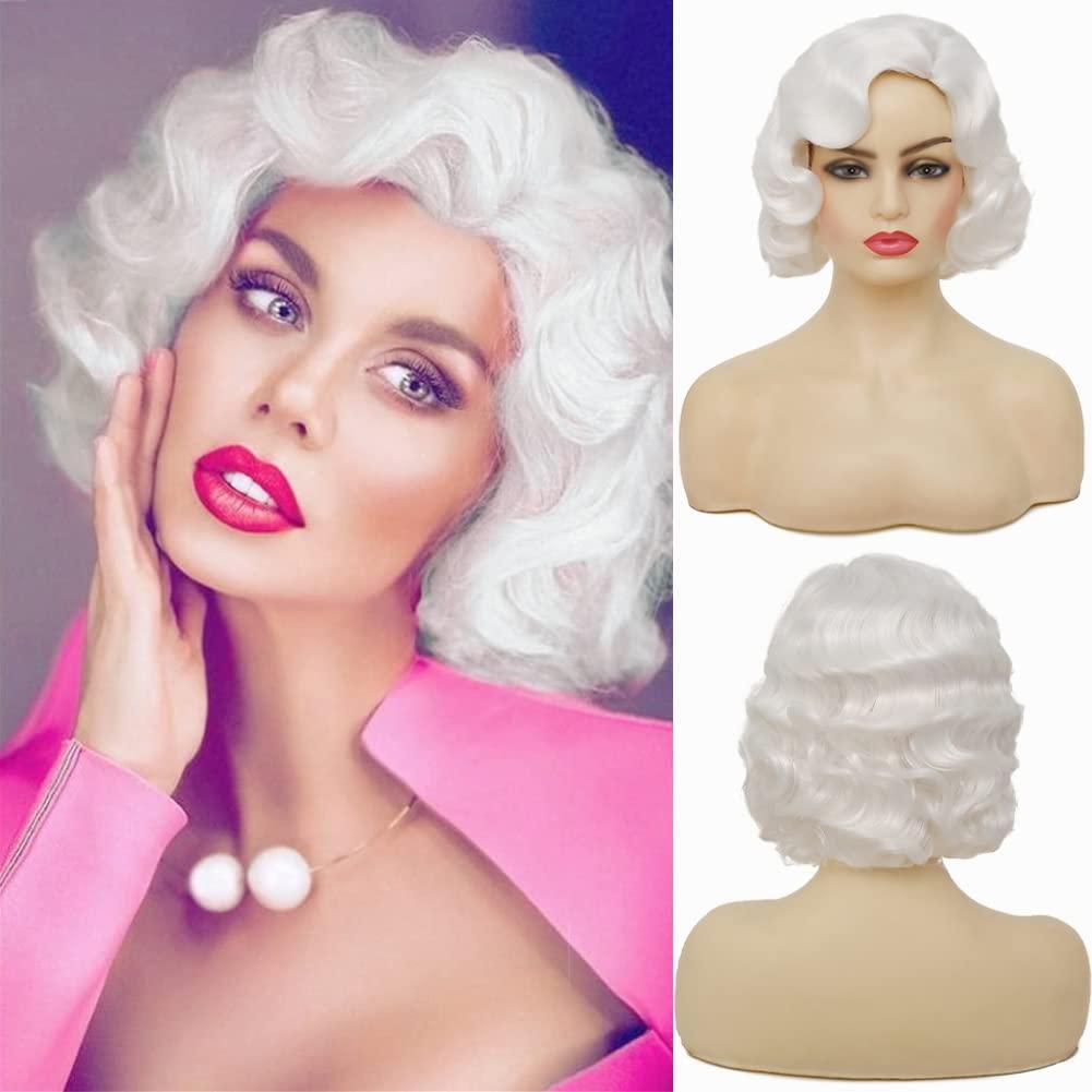 Swiking Short White Curly Finger Wave Wigs for Women 1920s Wig Vintage Synthetic Cosplay Costume Full Wig (White)