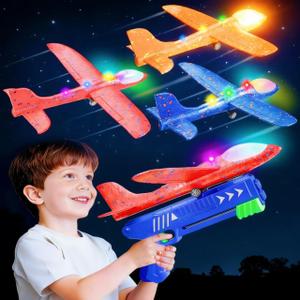 3 Pack Airplane Launcher Toys for 4 5 6 7 8 Year Old Boys Gifts: Airplane Shooter with 3 LED Foam Glider Planes for Kids - Outdoor Flying Toys Boys Birthday Present Gifts Age 4 5 6 7 8 9 (Blue&red&orange)