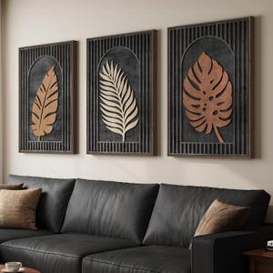 Framed 3D Wood Tropical Botanical Textured Wall Decor Living Room, 24x36 In, 24" W x 36" H x 3Pcs