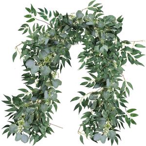 2 Pack Fake Greenery Garlands Artificial Silver Dollar Eucalyptus Garland in Grey Green and Willow Twigs Garland Intertwined Together for Rustic Wedding Arch Swag Doorways Table Runner Decoration