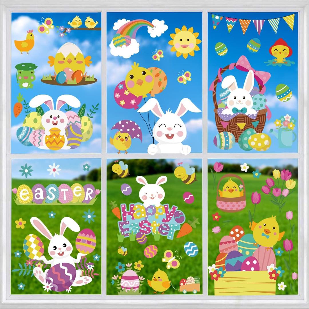 LOKIPA Easter Window Clings Stickers, 6 Sheets Easter Bunny Window Clings Window Stickers Window Decals Easter Decorations for Easter Party Supplies