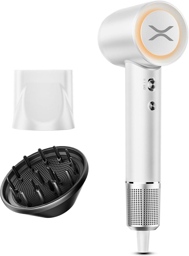 High-Speed Hair Dryer, 110,000 RPM Ionic Blow Dryer with 200 Million Negative Ions, Quiet (51dB), Thermo-Control, Fast Drying, Magnetic Diffuser & Nozzle for Women, Men, and Kids (White)