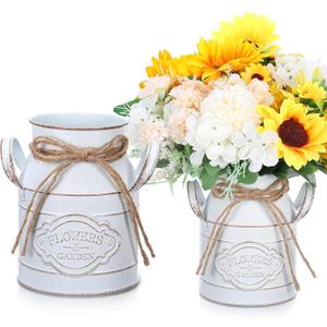 Roshtia 2 Pcs 6 Inch Vintage Galvanized Milk Can Vase Spring Farmhouse Metal Vases Milk Jug Vase Decor with Handle Rustic Flowers Buckets for Weddings Table Centerpiece (Retro White)