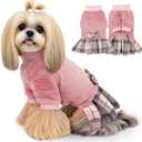 WOYYHO Small Dog Sweater Dress Winter Fleece with Plaid Skirt & Bowtie, Warm Long Sleeve Puppy Clothes for Chihuahua Yorkie Dachshund, Pink, Size M (Medium (7.5-12 lbs))
