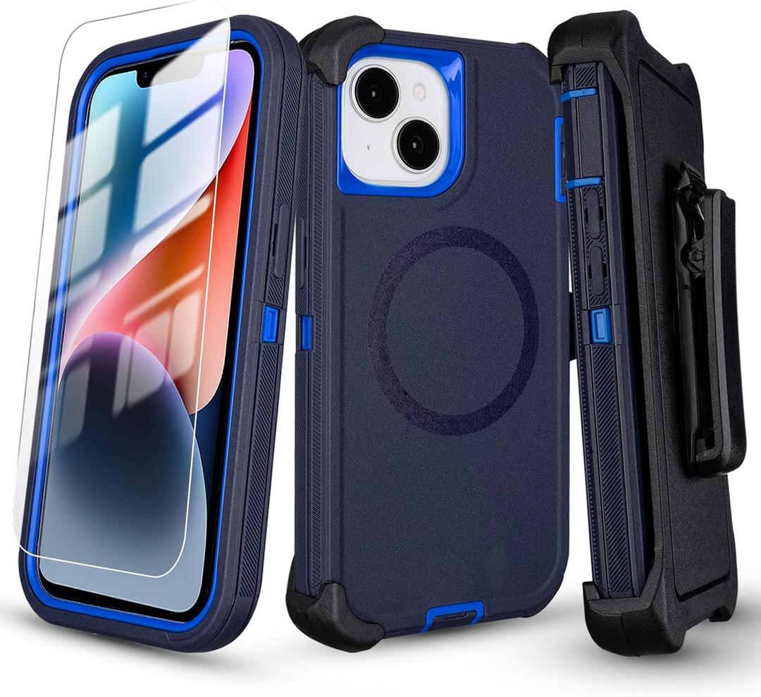 Defender for iPhone 14 Magnetic Case with Clip, Screen Protector Included | Anti-Drop Full Body Protective Works Outdoors Case for iPhone 14 Men Women, 3-Layer Military Grade Protection, Navy Blue 6.1"
