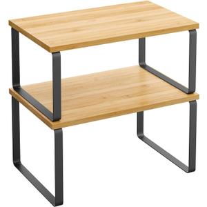 SONGMICS Cabinet Organizer Shelf, Set of 2 Kitchen Counter Shelves, Kitchen Storage, Spice Rack, Stackable, Expandable, Metal and Engineered Wood, Ink Black and Natural Beige UKCS02NB