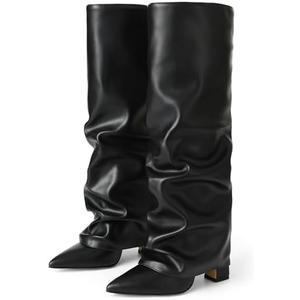 Synchoiss Womens Knee High Boots Wide Calf Chunky High Heel Boots Fashion Fold Over Boot Pointed Toe Winter Fall Tall Boots for Women Pull on Trendy, 8.5