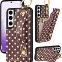 Petitian for Samsung Galaxy S21 Fe Wallet Stand Case - Women Girls Cute Girly Aesthetic Unique Design Leather Credit Card Holder Cardholder Stand Wristband for Galaxy S21 Fe, Brown Polka