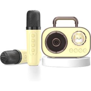 Mini Karaoke Machine for Kids Adults, Fun Portable Bluetooth Speaker with 2 Wireless Microphones, Stereo Sound Enhanced, Rich Bass, Cute Music Toys for Girls and Boys Ages 3-12 to Sing Loudly (Yellow)