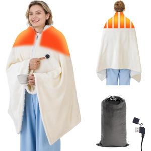 COVBOARD USB Heated Blanket for Keeping Warm, Cordless Wearable Throw with 3 Heat Levels, Battery Operated(No Power Bank Included) Shawl for Outdoor Use(Milk)