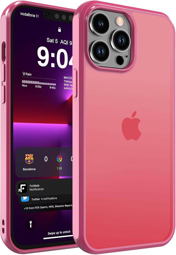 2 x DEERLAMN Matte Case for iPhone 15 Pro 6.1-Inch, [Anti-Fingerprint] Drop Protection Shockproof Translucent Frosted Hard Back Slim Phone Cover, Hot Pink