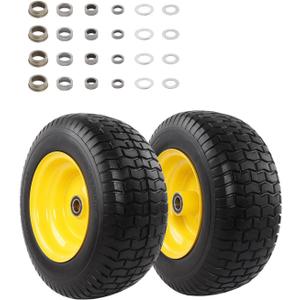 16x6.50-8 Flat Free Tire and Wheel Assembly, 3/4-Inch Bearing with Extra 1-Inch Bearings, 3-Inch Offset Hub, Includes Bushings & Washers, for Riding Lawn Mower Garden Tractor 2 Pack
