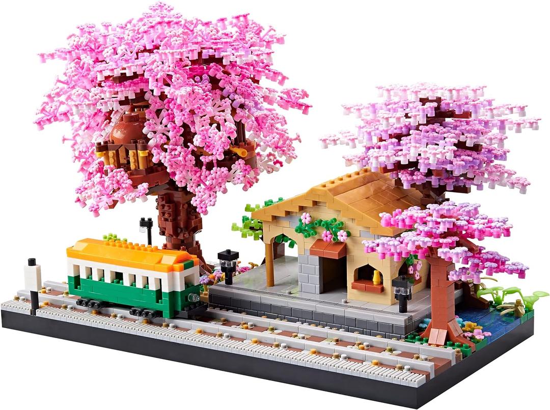 Japanese Cherry Blossom Tree Flower House Micro Building Blocks Set for Adults Bus Station Mini Bricks Model, Treehouse, Decorative Architectural Present Toy for Girl Children Age of 14+