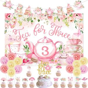 Tea for Three Party Decorations, 3 Year Old Birthday Decorations Girl, Floral Tea for Three Backdrop Cake Cupcake Toppers Banner Tea Time Balloons for 3rd Birthday Party Decorations Supplies