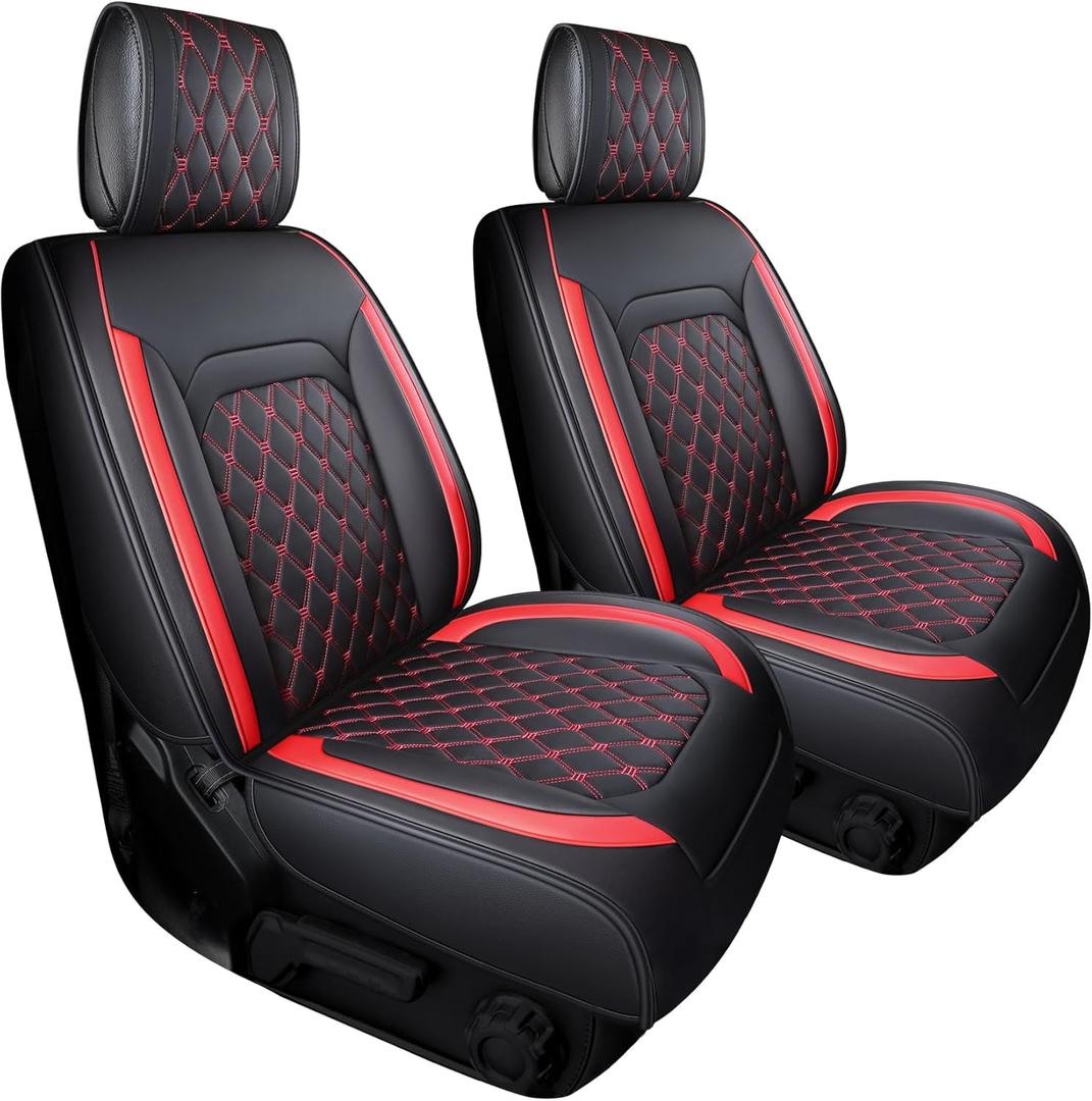 Aierxuan Jeep Wrangler JK JL Front Seat Covers Custom Fit 2/4 Door 2007-2025 Unlimited X Rubicon 392 Sahara Willys Sport High Altitude Truck Pickup Waterproof Leather(2 PCS Front/Black-Red)