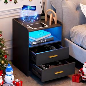 dnbss Black LED Nightstand with Charging Station, Modern Night Stands with 24-Color RGB LED Lights, Smart Lighted Black Bedside Table with 2 Drawers for Bedroom (Black-3 Layers)