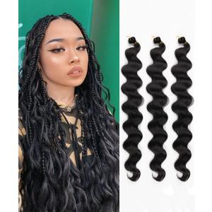 3Packs Body Wave Braiding Hair with Crochet Hook 24Inch Pre-Feathered Braiding Hair Deep Wave Crochet Hair French Curl Crochet Braids Hair for Boho Box Braids Goddess Hair(Natural Black, 1B)