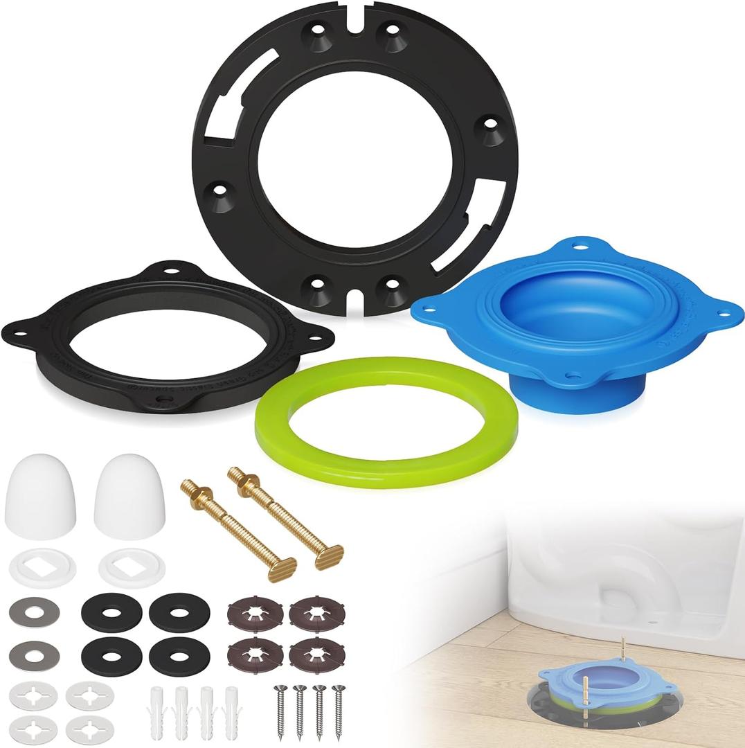 NEEXAN Toilet Flange Repair Kit Toilet Wax Ring Replacement Kit with Elastic Wax Ring, Rubber Toilet Gasket Seal Kit with Nuts, Washers & Bolt Caps