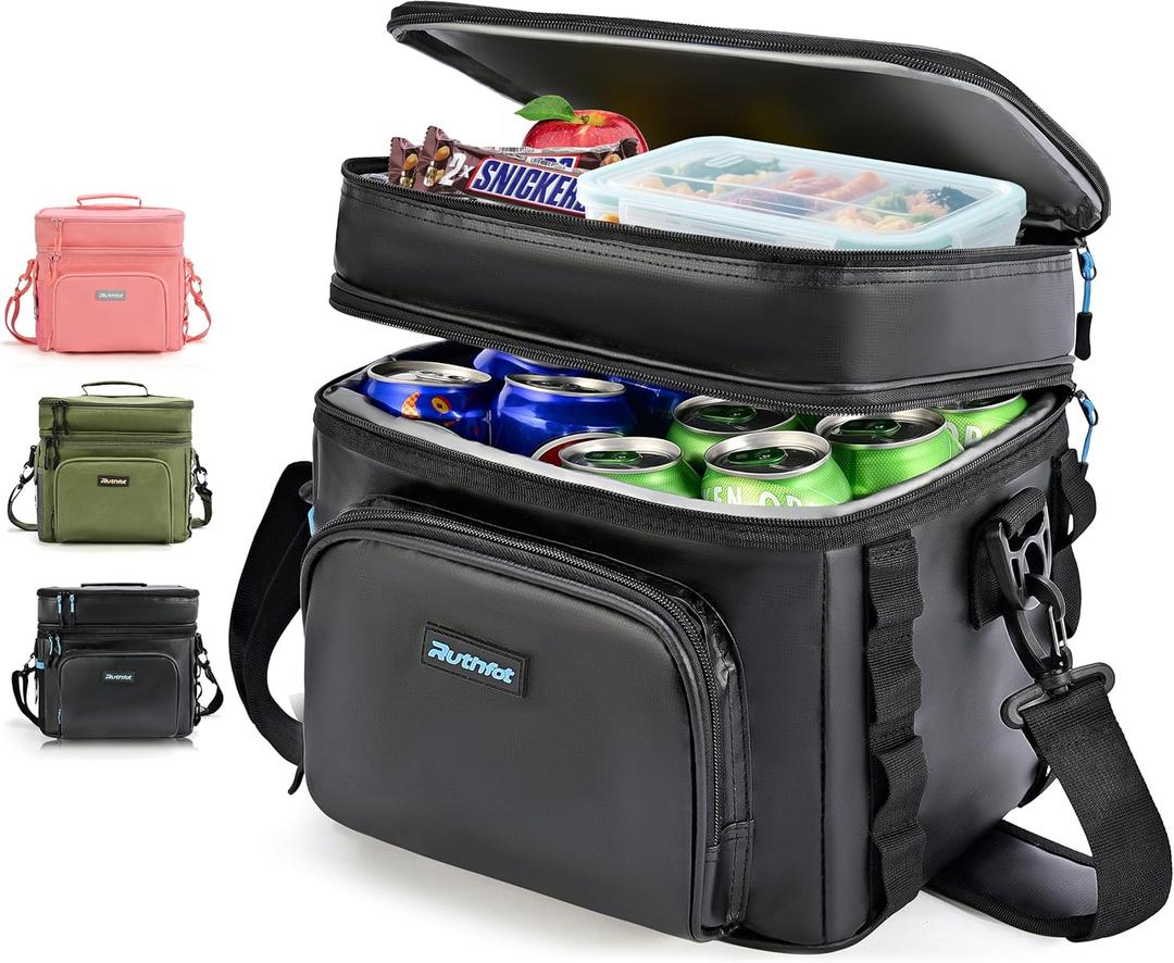 Double-Layer Insulated Cooler Foldable Lunch Box, Leakproof Cooler Bag for Men & Women, Shoulder Strap, Bottle Opener, for Beach, Camping, Car (Black)