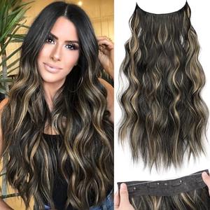 KooKaStyle Invisible Wire Hair Extensions with Transparent Headband Adjustable Size 4 Secure Clips Long Wavy Secret Wire Hairpiece 20 Inch for Women(Black with Blonde Highlights)