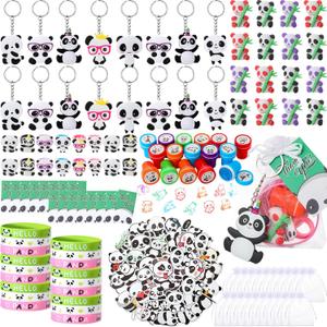 Seajan 162 Pcs Panda Birthday Party Favors for 16 Kids Include Keychain Ring Bracelet Stamp Erasers Sticker Bag Tags for Theme Birthday Baby Shower Party Decor