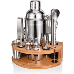 Esmula Bartender Kit with Stylish Bamboo Stand, 12 Piece 25oz Cocktail Shaker Set for Mixed Drink, Professional Stainless Steel Bar Tool Set, Gift for Man Dad- Cocktail Recipes Booklet (Silver)