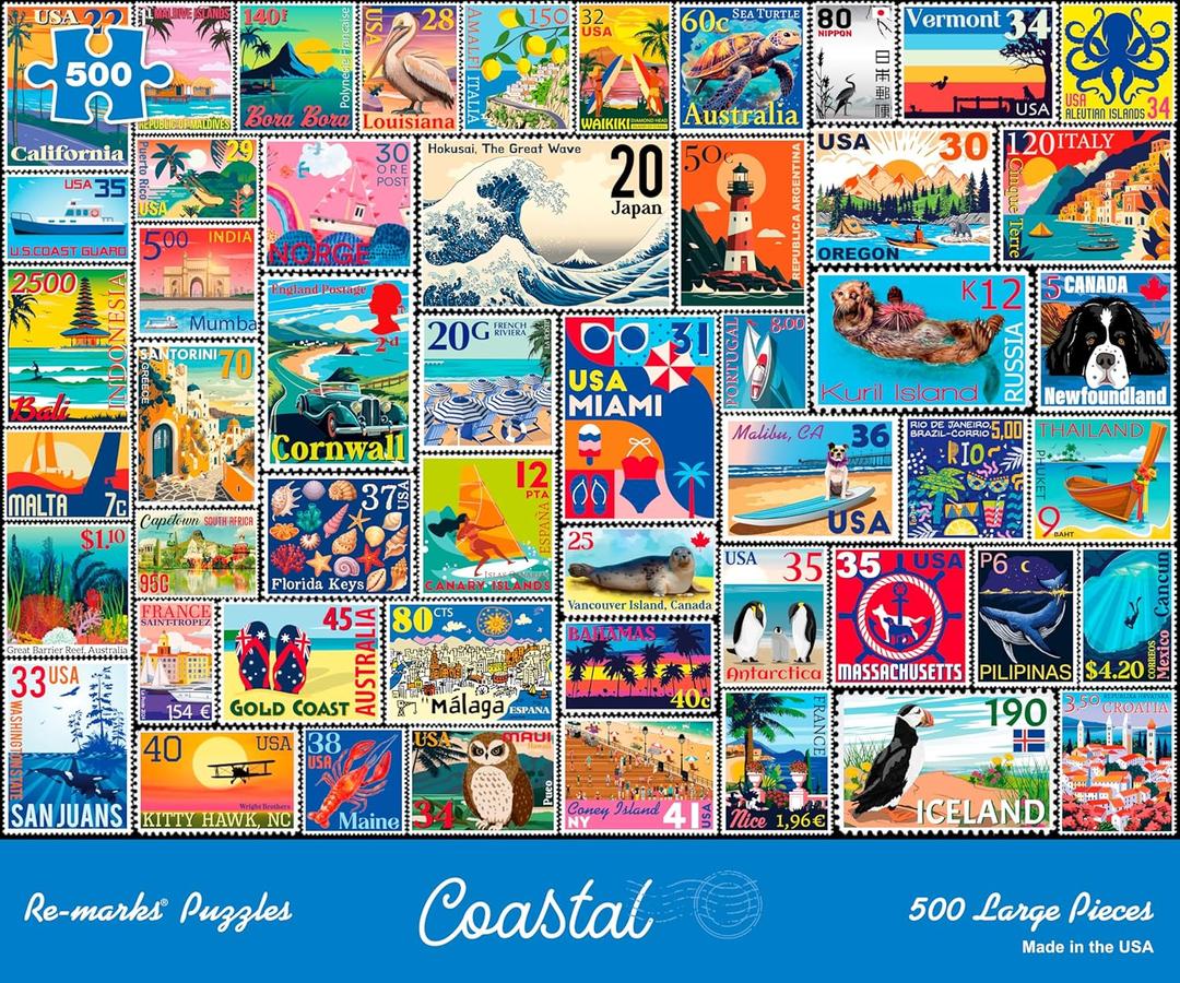 Re-marks Coastal Stamp Collage Puzzle, 500 Large Piece Jigsaw Puzzle for All Ages