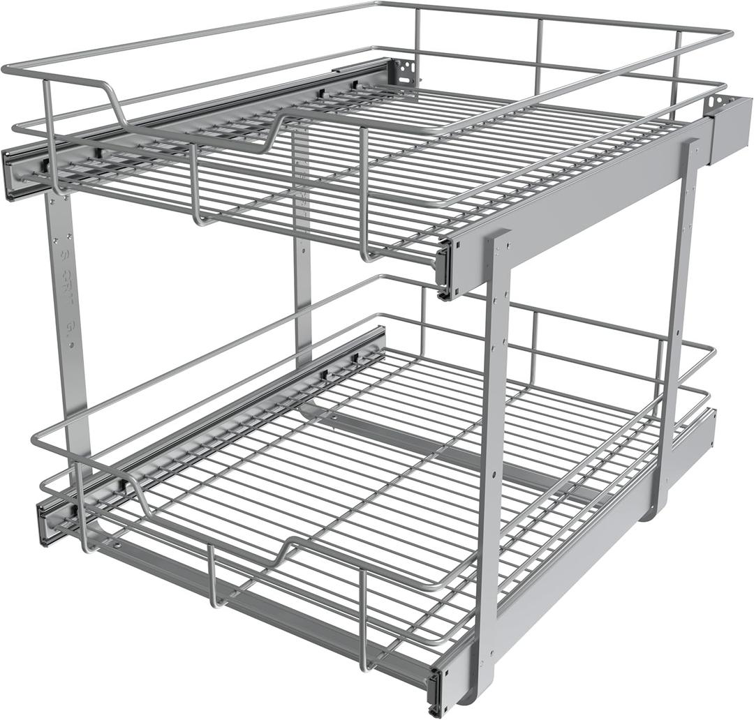 2 Tier Pull Out Cabinet Organizer 17" W X 22" D, Slide Out Drawers For Kitchen Cabinets, Pullout Drawers For Cabinets Capacity Heavy Duty Caddy, Cabinet Pullout Shelves Chrome-Plated,Bathroom Pantry