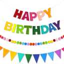 CANREVEL Pre-Strung 3D Happy Birthday Banner, 3 PCS Rainbow Happy Felt Garland, Pom Pom Garland, Triangle Fabric Bunting, Reusable Rainbow Birthday Decorations for Girls Boys Women Men