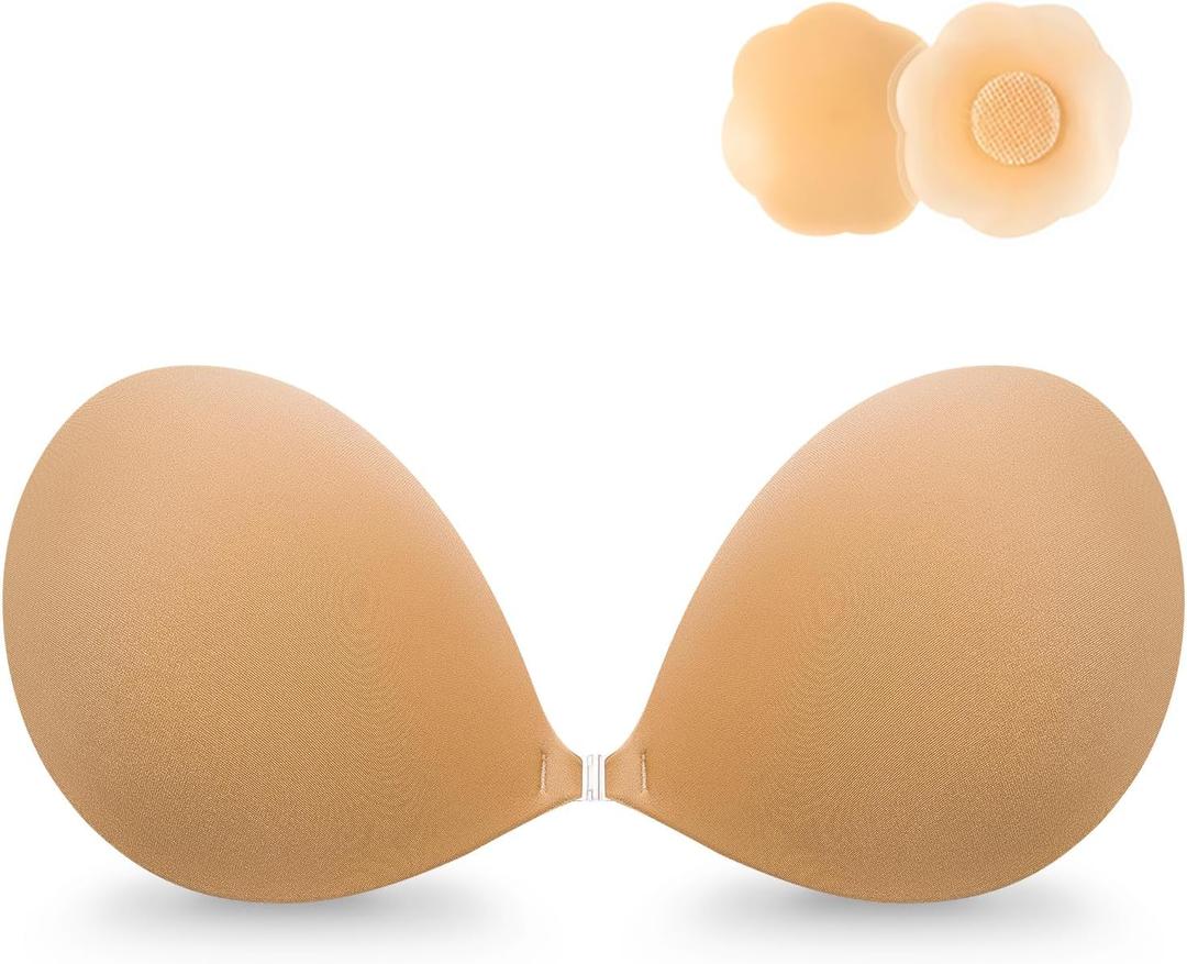 Wingslove Adhesive Bra Reusable Strapless Self Silicone Push-up Invisible Sticky Bras for Backless Dress (Bare Nude+covers)