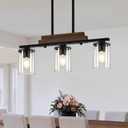 3-Light Kitchen Chandeliers Over Table, Farmhouse Chandeliers for Dining Room, Black Linear Chandelier with Clear Glass Shades, Modern Rustic Wood Dining Room Light Fixture, with Adjustable Height