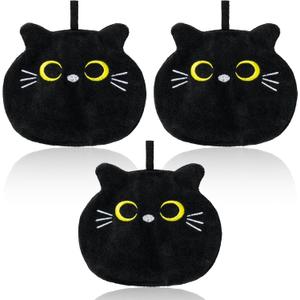 R HORSE Black Cat Hand Towels - 3Pcs Halloween Cat Theme Bathroom Towels with Hanging Loop Cute Cartoon Animal Absorbent Coral Fleece Bathroom Hand Towel Soft Thick Dish Cloth for Kitchen Home Decors