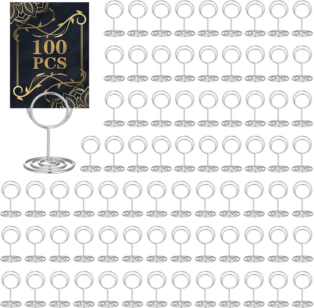 100 Mini Place Card Holders - 2 Inch Table Number Holders - Small Steel Wire Stands for Wedding, Birthday, Restaurant - Silver